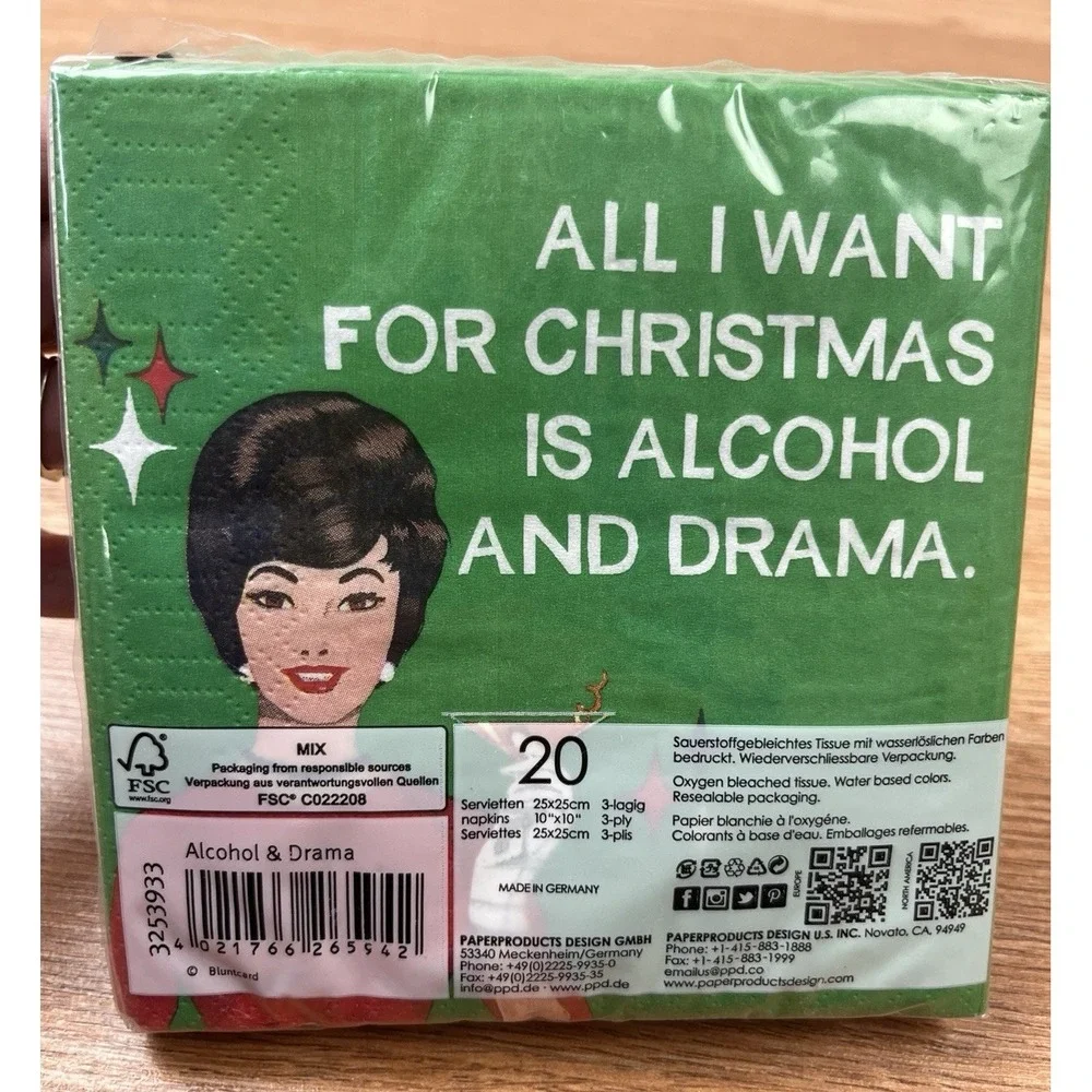 20pk Christmas Paper Napkins by Blunt Cards 'All I want is Alcohol & Drama' NEW